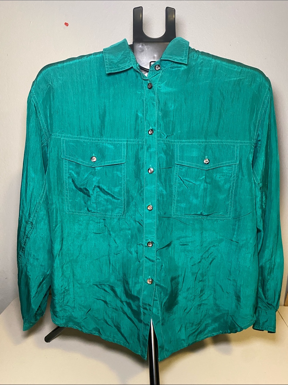 Women's Teal Button-Front Satin Blouse